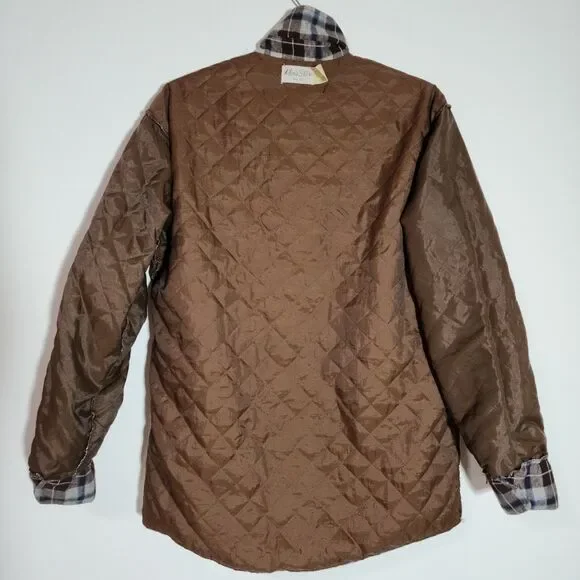 Vtg Perma-Prest Mens Store Plaid Button-Up Shirt Jacket Shacket Brown USA Tall L - Picture 4 of 6